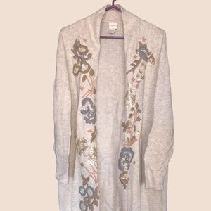 Chico’s Floral Embroidered Sequin Duster Cardigan Oatmeal Heather Size 2 Petite